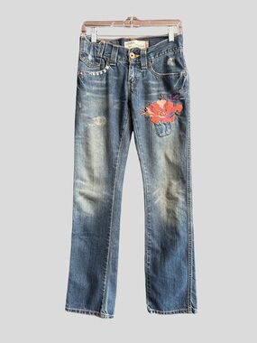 Levi's 504 Slouch Straight Jeans with Floral Embroidery Studs Distressed Y2K